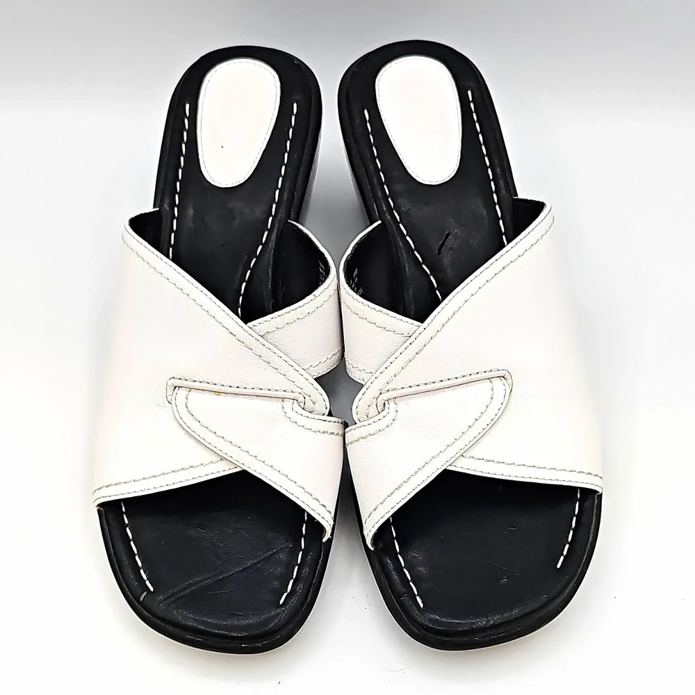 Clarks Black & White Leather Slide Wedge Sandals Size 7.5M